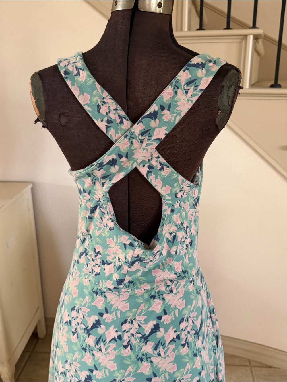 PACT Women’s Size L Organic Fit & Flare Open Back Maxi Dress Light Blue Floral - Picture 7 of 11